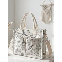 Vintage Sketch Bird & Floral Print Corduroy Tote Bag Large Capacity Multi Pocket Nature Lover Commuter Shoulder Bag