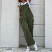 Summer Fashion Women Cotton Linen Jumpsuit Sleeveless Wide Leg Dungarees Solid Long Rompers Casual Comfortable Casual Playsuit