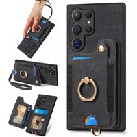 Leather Texture Wallet Case With Wrist Strap For Samsung S26 S25 S24 S23 S22 Ultra Plus FE Ring Holder Magnetic Protective Cover
