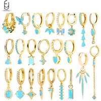 925 Sterling Silver Ear Needle Turquoise Hoop Earrings For Women Fashion Blue Zircon Heart Pendant Earrings Luxury Jewelry Gift