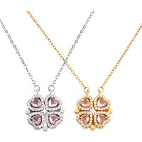 Magnetic Foldable Four Leaf Clover Necklace for Women Pink Zircon Heart Pendant 2-in-1 Clavicle Chain Lucky Jewelry Gift
