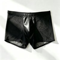 Men's Mesh Spliced Faux Leather Boxer Briefs Transparent See-through Underwear Breathable Short Panties for Men