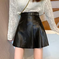 2025 New Faux Leather Skirt Women Korean Solid PU Black/White High Waist Skirts Woman