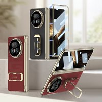 For Honor Magic V5 Magnetic Hinge Plating Leather Fold Wristband Stand With Screen Protect Glass Shockproof Protective Case