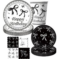 Bowknot Black and White Matching Colour Theme Party Decoration Birthday Decoration Plates Cups Paper Towels