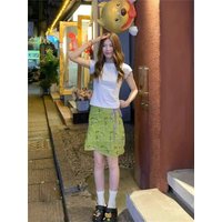 Green Floral Print A-Line Skirt Women's plus Size Spring White Slimming Short Skirt One-Piece Design Korean Style Commute