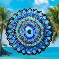 Evil Eye Wind Spinner, Kinetic Metal Wind Chime, Blue Turquoise Stained Glass for Garden Patio Window Decor Outdoor Art Gift