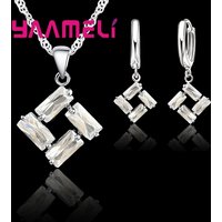 Romantic 925 Sterling Silver Color Square White Zircon Crystal Pendant Necklace Earrings Jewelry Sets Women Wholesale