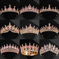 Pink Crystal Tiaras And Crowns Headband For Women Rhinestone Prom Diadem Bridal Wedding Hair Accessories Jewelry Crown Tiara
