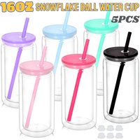 16oz Plastic Water Bottles Double Wall Snowglobe Tumbler with Pre-Drilled Hole Reusable 2-Layer Design Juice Milk Coffee Jar Cup