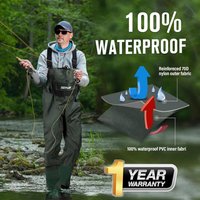 Goture 100% Waterproof Bootfoot Chest Wader 2-Ply Nylon/PVC Adjustable H-Back Shoulder Straps Waist Belt Waders with Boot