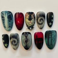 10pcs Dark Black Style Handmade Fake Nails Y2k Star Horor Foreat Designs Press On Nails Halloween Wearable Almond False Nail