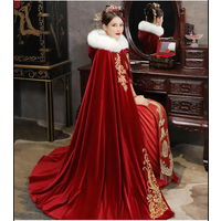 Gold Appliques Wedding Wrap Velvet Bridal Cape Coat Jacket Floor Length Bride Shawl Faux Fur Edge Hood Customized