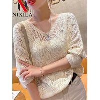 Spring Summer Women's Sweater Fashion V-neck Crochet Hollow Knit Sweater Thin Loose Bat Shirt Short Paragraph Ladies Tops Jumper