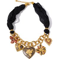 Yhpup Black Lace Chain Enamel Heart Flower Charms Pendant Drop Statement Necklace Stainless Steel Autumn Winter Trendy Jewelry