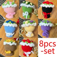 8pcs Rose Handheld Flower Yarn Hook Weaving Pendant Small Rose Mini Creative Plush Keychain Bag Pendant Accessories Plush Toy