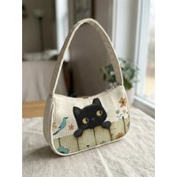 Trendy Cute Black Cat & Bird Floral Print Shoulder Bag, Whimsical Corduroy Underarm Bag