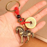 Brass Chinese Zodiac Horse & Coin Keychain, Feng Shui Wealth Amulet, Lucky Talisman for Men, New Year & Father's Day Gift Idea