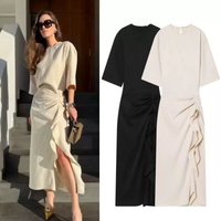 Women's Clothing 2026 Spring New Style Nude Pink Short Sleeve Dress with Pleated Decoration, Mid-Length, Fashionable and Elegant