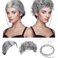 Synthetic Old Lady Wig Costume Set Funny Grandma Wig and Glasses Retainer Chain Silver White Granny Wig Cosplay Halloween Party