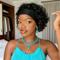 Kinky Curly Headband Human Hair with Short Curly Hair Machine Made Wig Beginners Friendly Halloween Cosplay Christmas