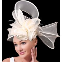 Beige Millinery Caps With Headbands Accessories Imitation Sinamay Derby Cocktail Hat Women Bridal Hair Fascinators Feather Fancy