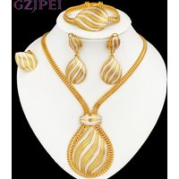GZJPEI Two Tone Jewelry Set Gold Plated Big Pendant Necklace Bracelet Water Drop Earring Ring For Women Wedding Gifts 2025 New