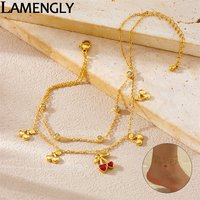 LAMENGLY 316L Stainless Steel Red Crystal Inlay Heart Cherry Series Pendant Anklets Women Sweet Romantic Foot Chain Party Gift