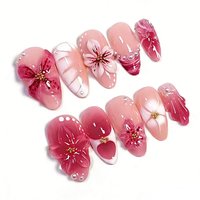10/30pcs Pink Jelly Leopard Lily Flower Fake Nails 3D Glossy Full Cover Pearl French Five Petal Flower Charms Almond False Nails