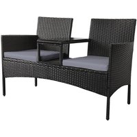 2 Seater Rattan Garden Bench with Cushions and Built-In Glass Table, Outdoor Patio Love Seat for Balcony, Poolside (Black Rattan