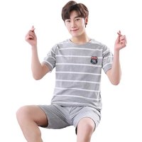 Men's Summer Pyjamas Set: Short-Sleeved Top and Shorts Youthful Student Style with Cartoon Stripes Summer Homewear Ensemble