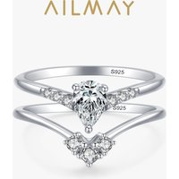 Ailmay Genuine 925 Sterling Silver Luxury Emerald Cut Sparkling CZ Two Piece Set Finger Ring For Women Statement Jewelry Gift