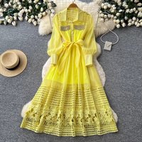 Hollow Out Beaded Chiffon Shirt Dress Women's Lapel Lantern Sleeve Sahes Lace Up Holiday Party Long Robes Maxi Vestidos