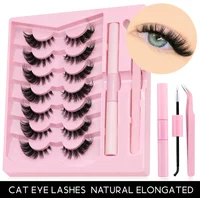 Lasvirey DIY Lashes Kit Cat Eye Lashes Set Fluffy Individual Eyelashes Extension with Lash Bond and Seal Full Strip Lash Makeup
