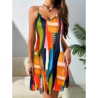 Women's Paint Brush Pattern Sleeveless Dress,Leisurely Geometric Print Off-Shoulder Mini Dress - Sexy V-Neck Vacation Dress