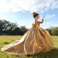 High Quality First Communion Dresses Kids Evening Ball Gown Gold Applique Bow Girls Pageant Dress Satin Tulle Flower Girl Dress