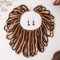 African Women Multi-Layer Wooden Bead Jewelry Sets Statement Chokers Tassel Beaded Necklace Earrings Bohemian Collar Party Gifts