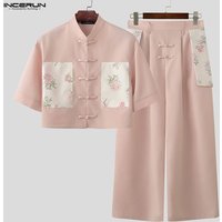 INCERUN Men's Sets Patchwork Vintage Color-block Short Sleeve Crop Shirt Pants Two Piece Sets Streetwear 2026 Men Matching Sets