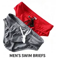 Men's Solid Color Low Waist Swimming Briefs with Tie Rope Quick Dry Double Layer Beach Shorts Anti-Embarrassment Swimwear