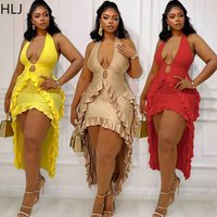 HLJ Sexy Ruched Patchwork Bodycon Dresses for Women Halter Deep V Neck High Low Ruffle Dress Female Party Nightclub Vestidos New