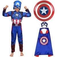 Superhero Captain America Muscle Cosplay Jumpsuit with Mask Cloak Shield Full Set for Halloween Carnival Role Playing Party