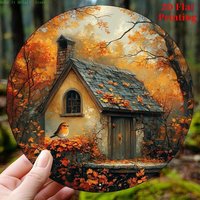 Vintage Autumn Cabin & Robin Metal Tin Sign - Retro Fall Forest Wall Decor for Home & Garden
