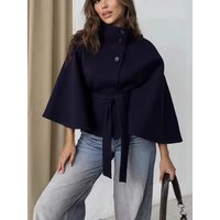 2026 New Lace Up High Neck Jackets For Women Belt Faux Wool Blends Cape Coats Autumn Winter Warm Elegant Cloak Coat Ladies