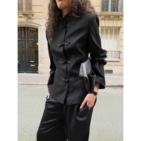 LIinar Spring/Fall 2026 New Arrivals Women's Chinese-Style Button-Front Blazer Casual Commuter-Style Black Jacket