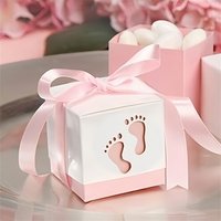 15pcs Footprint Candy Box with Ribbon, Blue Pink Gender Revealing Party Gift Box with Cute Footprint Pattern