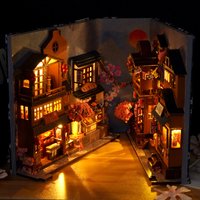 Japanese Retro DIY Wooden Book Nook Shelf Insert Miniature Building Kits Sakura Alley Home Bookend Decor Adult Handmade Gifts