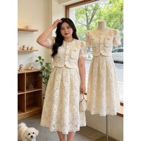 plus Size Elegant Summer New Embroidered Lace Short Top High Waist Half Skirt Two Piece Set Korean Style Slim Fit Commute Wear