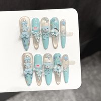 10pcs Handmade Fake Nails Fine dog pointed type Lovely bear Press On Nails French Sweet cartoon Design Summer style