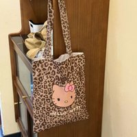 In-Stock Hello Kitty Leopard Pattern Shoulder Bag Anime Cartoon Accessories Shopping Bag Tourism Large Capacity Storage Bag