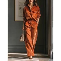 Simple Solid Color Casual Two-piece Set Women's Spring Retro Fashion Corduroy Long-sleeved Shirt Wide-leg Pants Commuting Sets